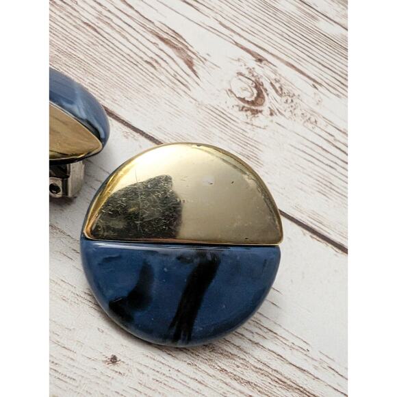 Vintage Clip On Earrings - Half Blue, Half Gold Tone 1.25" - Fair Condition - Picture 5 of 9